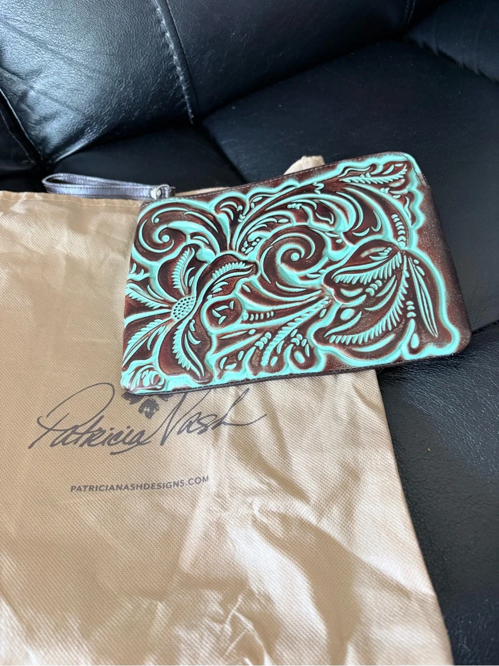 Patricia Nash Brown & Turquoise Tooled Leather Wristlet Pouch